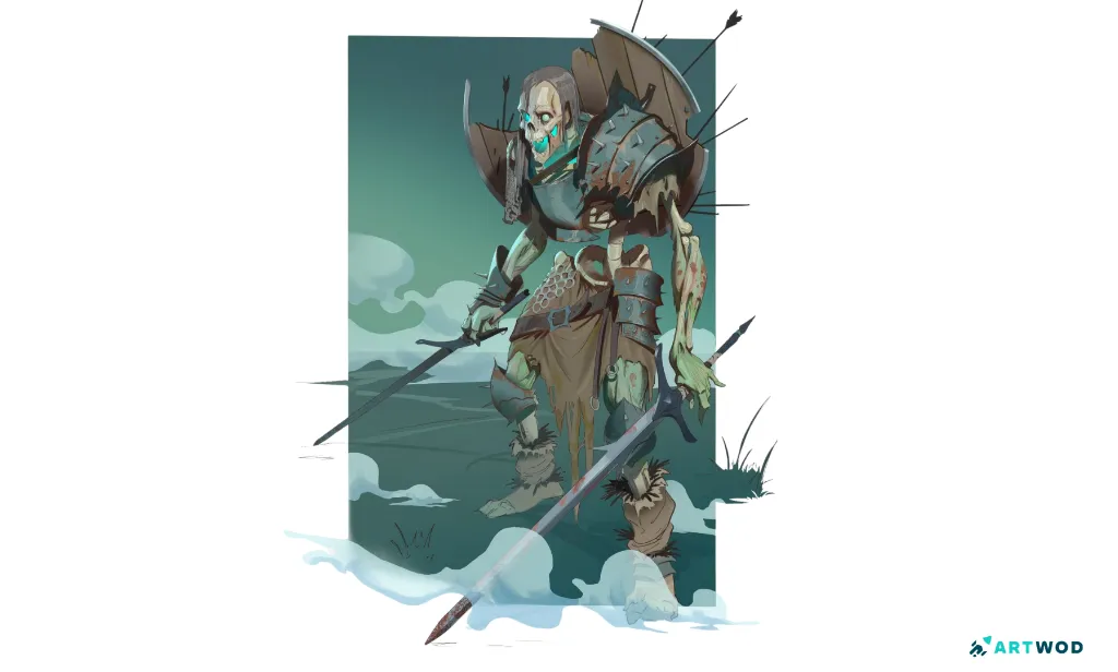 Digital 2d Drawing by Antonio Stappaerts - undead skeleton with 2 swords, warrior skeleton in a deserted place surrounded by fog. green, cyan and brown colors, metal and bloody details