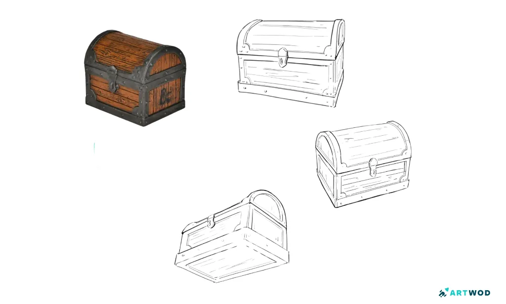 2d drawing, treasure chest redrawn from different angles (the Artwod method)