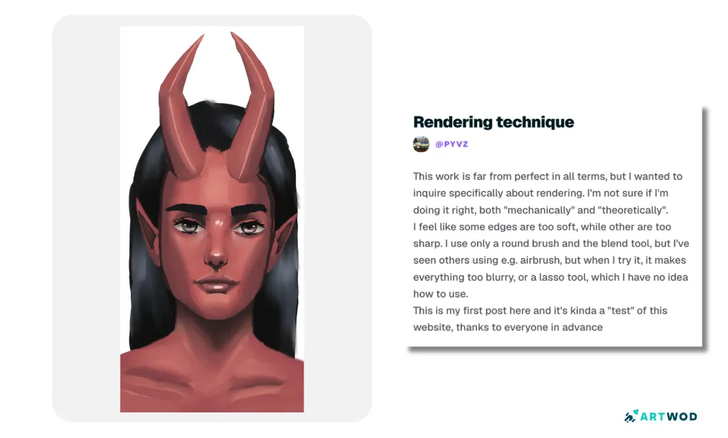 Artwod Community Hub submission, rendering technique request. Demon girl with horns, red skin and black hair.