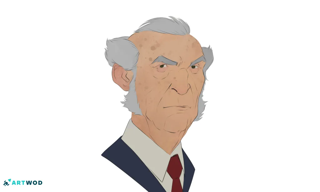 Portrait drawing by Antonio Stappaerts, old man. Flat colors. Practical rendering exercise: draw 3 versions of this drawing using different edges.