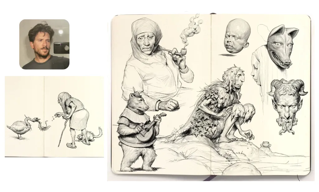 Artwork by Jens Claessens alongside his photo (selfie). 2 sketchbook pages. Page 1: old lady feeding a creepy goose, page 2: sketches of people and animals
All done with 2d pencil
