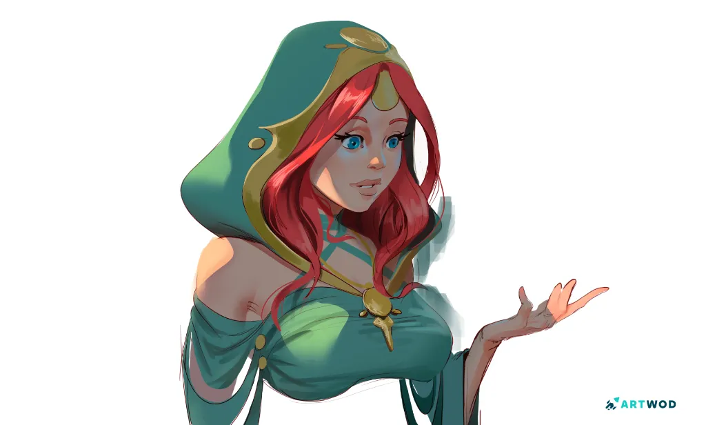 Female mage drawing by Antonio Stappaerts, Red hair, green cloak. 