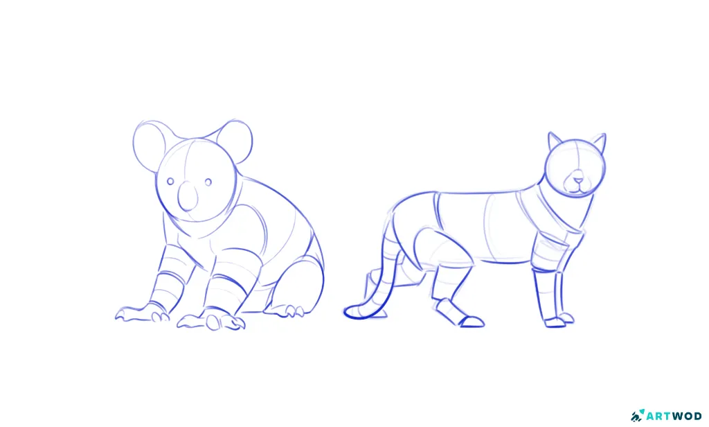 Simple animal mannequins (koala and a cat) digital 2d art in blue pen.