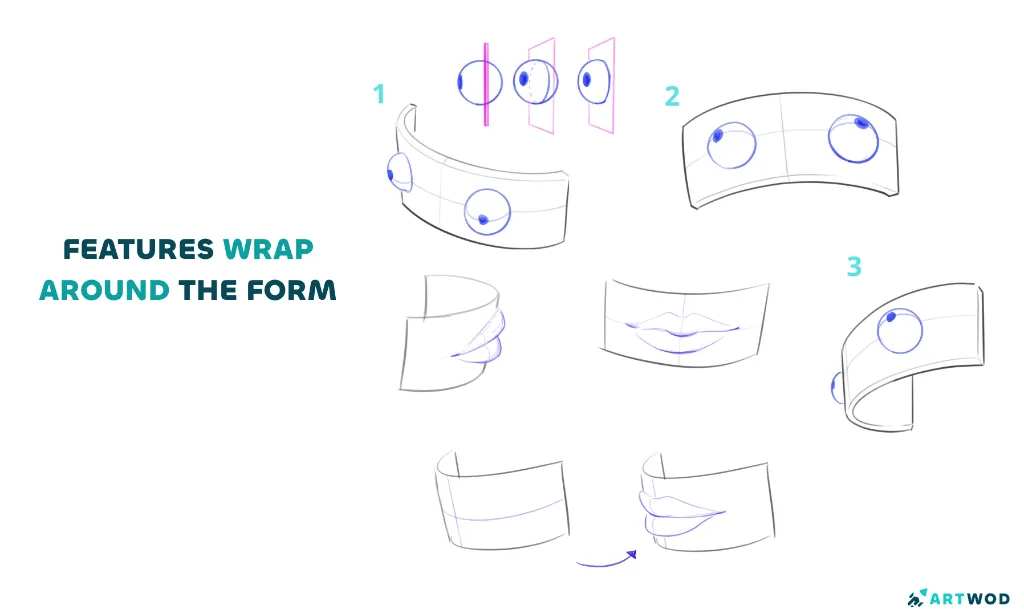 2d digital drawings of eyes and lips wrapping around a curved plane, practical examples