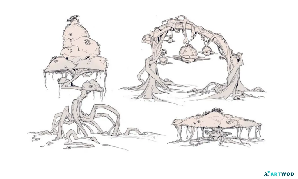 Environment asset designs. 3 whimsical trees. 2d digital art