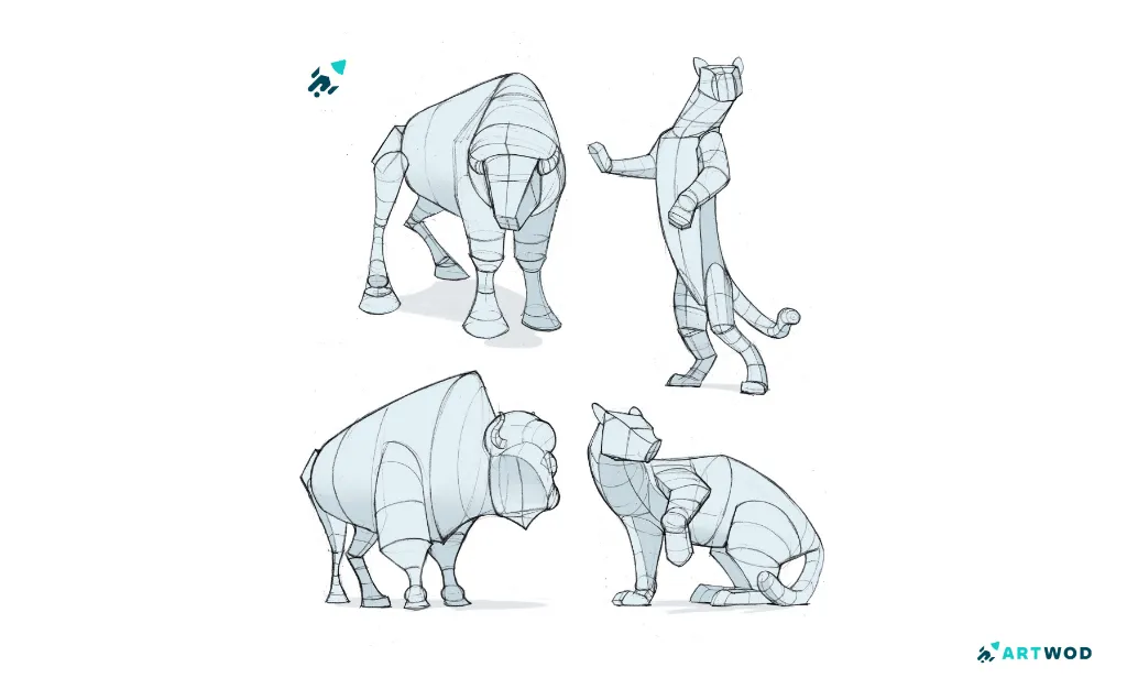 Sketches of animals, 2 bulls and 2 cats, broken down into simple form. Digital 2d drawing