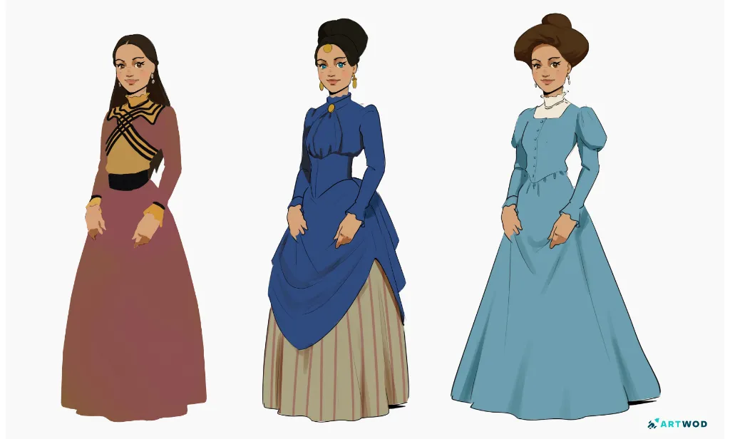 Character design by Antonio Stappaers 3 ladies in victorian storical outfits, color 2d art