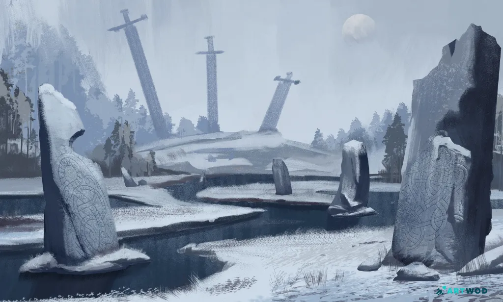 a 2d digital sketch by Fosco, celtic stones, river and giant swords in the background, winter 2d painting