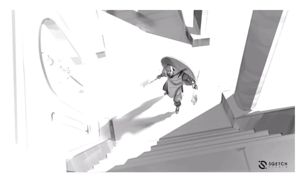 Digital 2d work by Antonio Stappaerts, a man standing at the bottom of the stairs and looking up. Horizontal composition&nbsp;