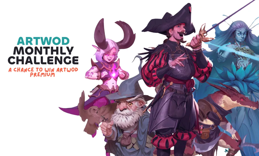 Artwod Monthly Challege - 2D art poster with a compillation of Characters by Antonio Stappaerts: warrior, dragon, gnome mage, demon girl.