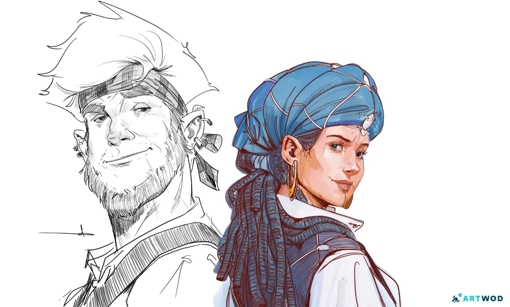 2 digital 2d drawings by Antonio Stappaerts, man pirate in black pencil and colored woman pirate