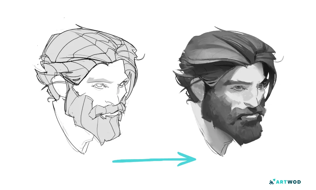 Example of how to draw hair, starting with volume first. 2 steps. Digital 2d art