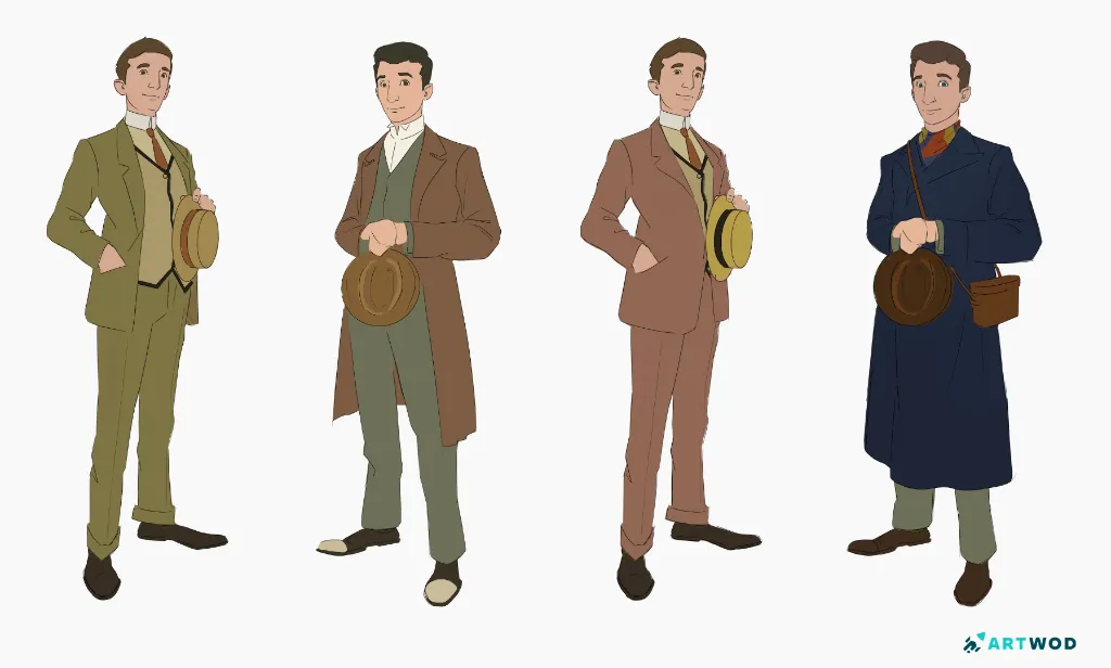 Character design by Antonio Stappaers 4 men in victorian storical outfits, color 2d art