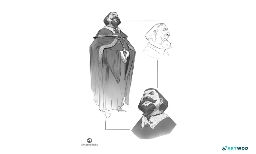 Digital 2d work by Antonio Stappaerts, evil priest, 2d greyscale work, full body character and profile and frond view of the face