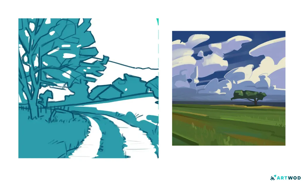 2 digital paintings, 1 simple value study (2 values) of a road, sky and trees. Second is a digital painting of a tree in the fields, clouds on the background by Dasha Martyshchuk