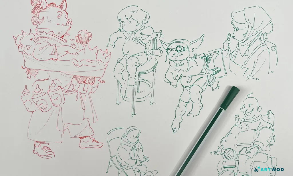 sketchbook page from Antonio Stappaerts, 6 sketches made with red and green pens, traditional drawings. Humanoid pig with little piggies, little girl sitting on a chair, pig in glasses
