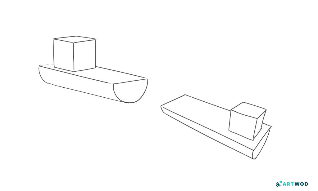 Drawing a boat: simple forms base. Half cylinders with boxes on top.