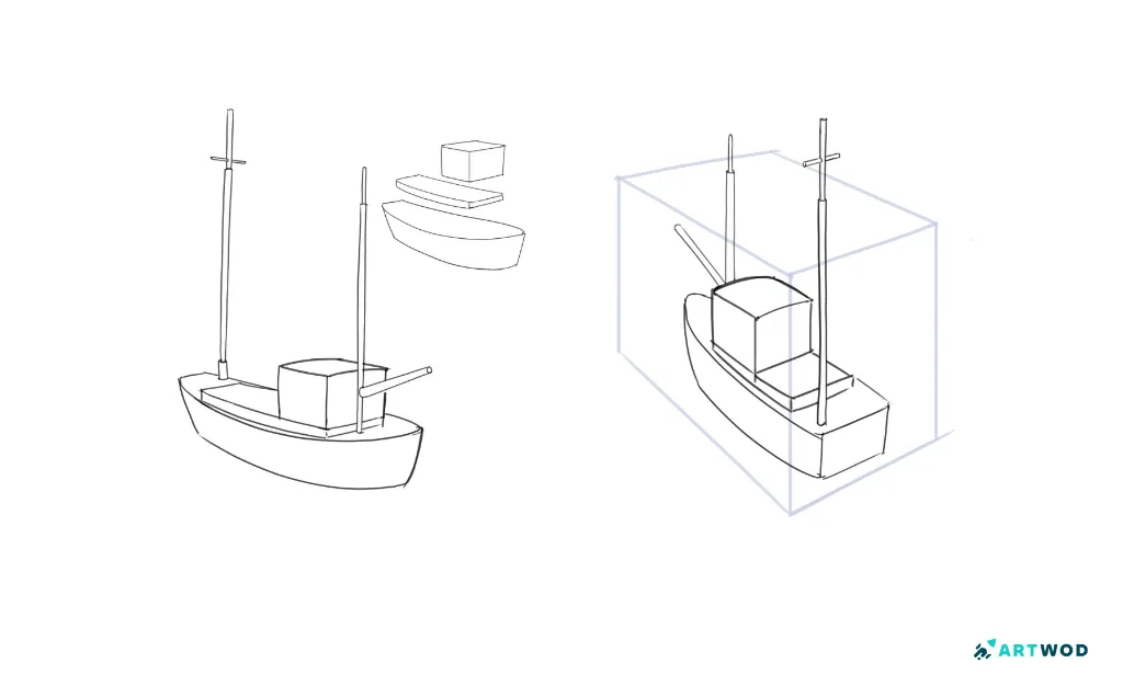 Drawing a boat: 2 boats in different angle, 1 boat simple forms breakdown.