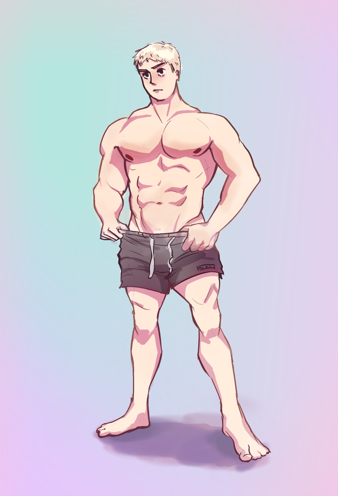 I struggle the most with the line art: it generally looks a little stiff and the hands and legs look flat. The second is definitely the cel shading and I can't really tell which part should be shaded, and which color too.