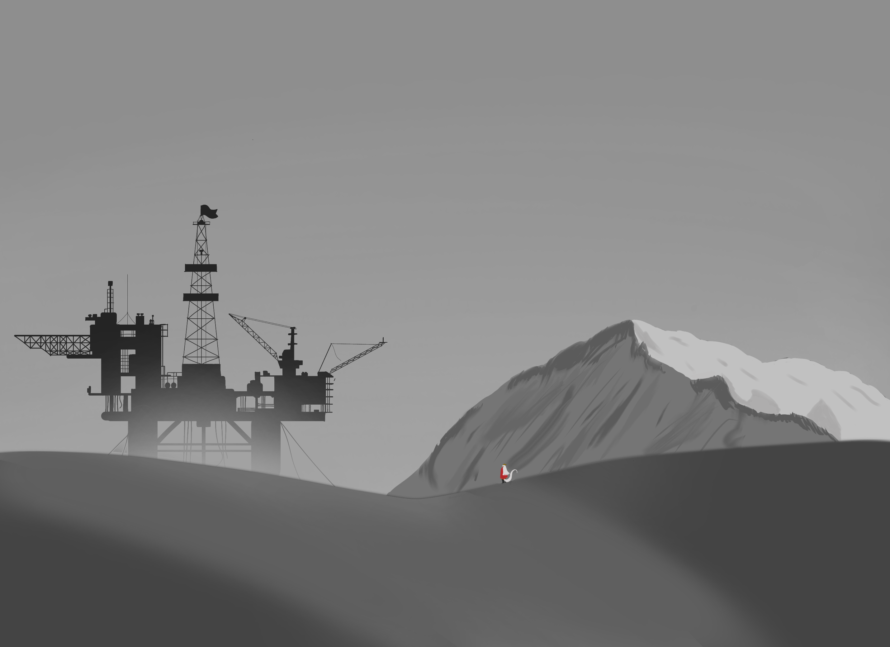 So here’s an environment. The oil rig is on a dried ocean btw that’s why it’s placed weirdly. There isn’t a specific type of feedback besides how to make the environment look more alive yk? Like make it look more eye catching (my requests are kinda vague ik 😭) And also, I left it grayscale to contrast with my little oc down the bottom in bright colours.