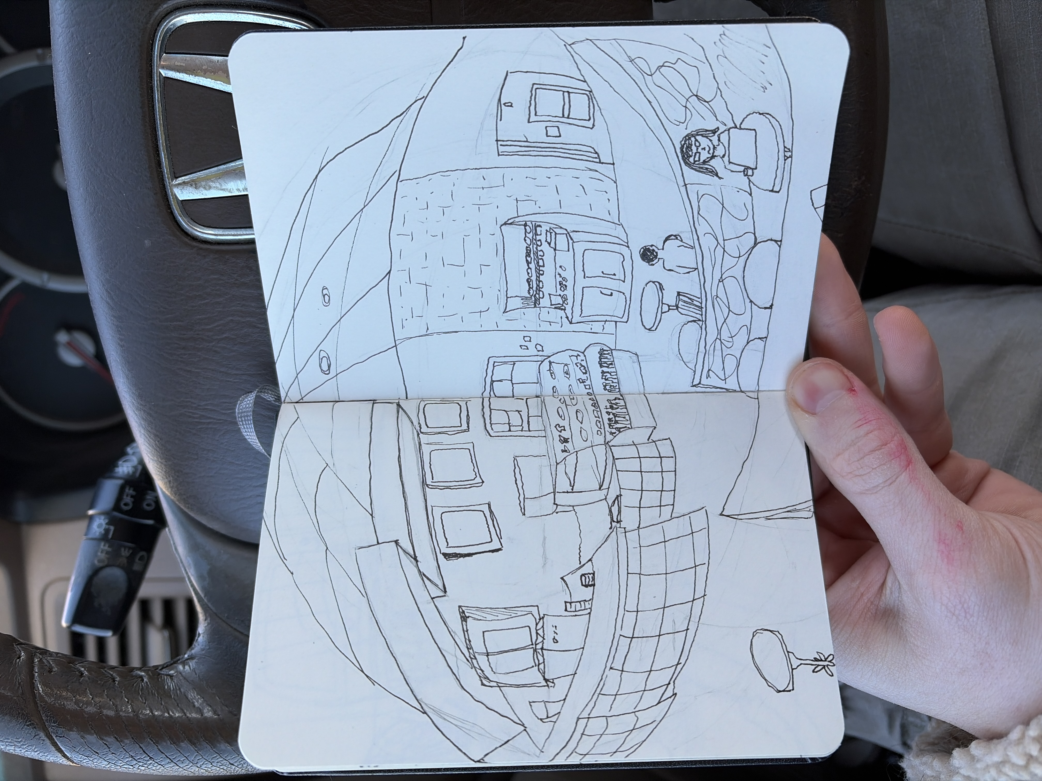 5 point perspective pov drawing. Did this in a coffee shop. I’m a bit confused on how to place things in the scene. I’ve only don’t this a couple times but it always looks off or I’m unsure how much to curve the lines or which way to curve.